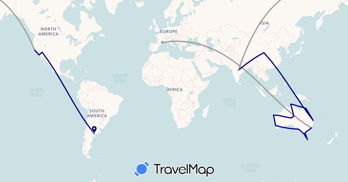 TravelMap itinerary: driving, plane in Argentina, Australia, China, France, India, United States (Asia, Europe, North America, Oceania, South America)